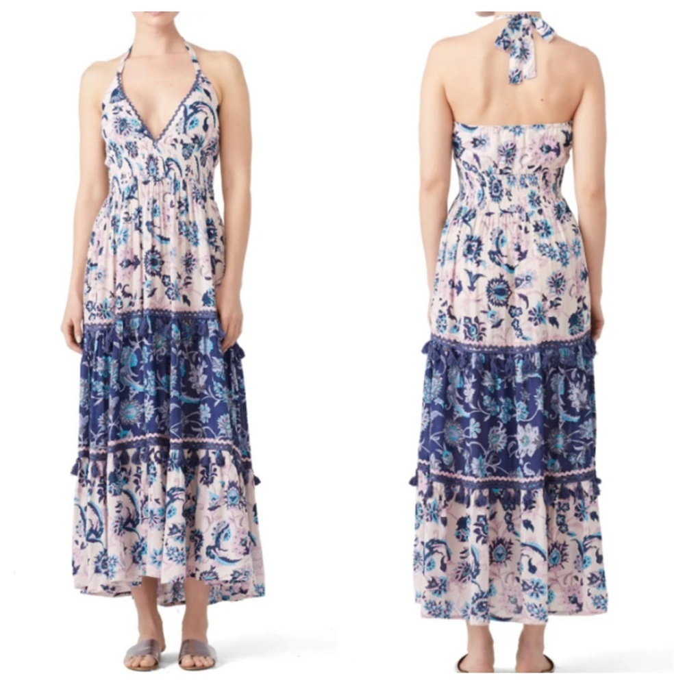 Raga Waiola Halter Maxi Dress Size small Floral Tiered Tassel Smocked V-Neck